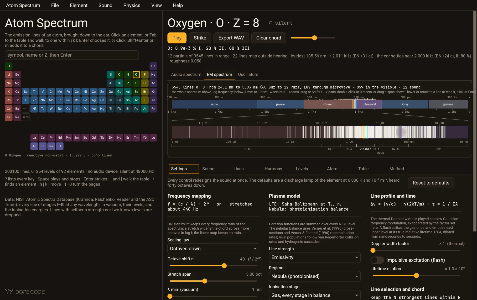 Atom Spectrum on oxygen as a nebula in the dark theme: 80 % O III, the EM spectrum view of 3545 lines from the microwave to the extreme ultraviolet, and the Settings page with the regime set to Nebula (photoionised), the frequency mapping, the line strength and the line profile controls.
